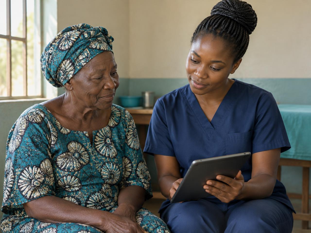 An older woman and a nurse looking at a tablet together in a clinic room